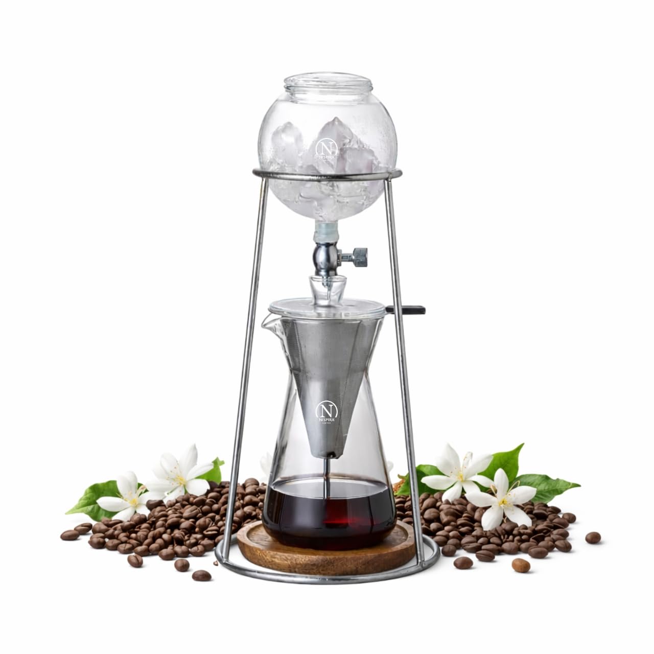 Nispira Luxury Ice Cold Brew Dripper Coffee Maker in Stainless Steel and Borosilicate Glass, 1000 ml Silver