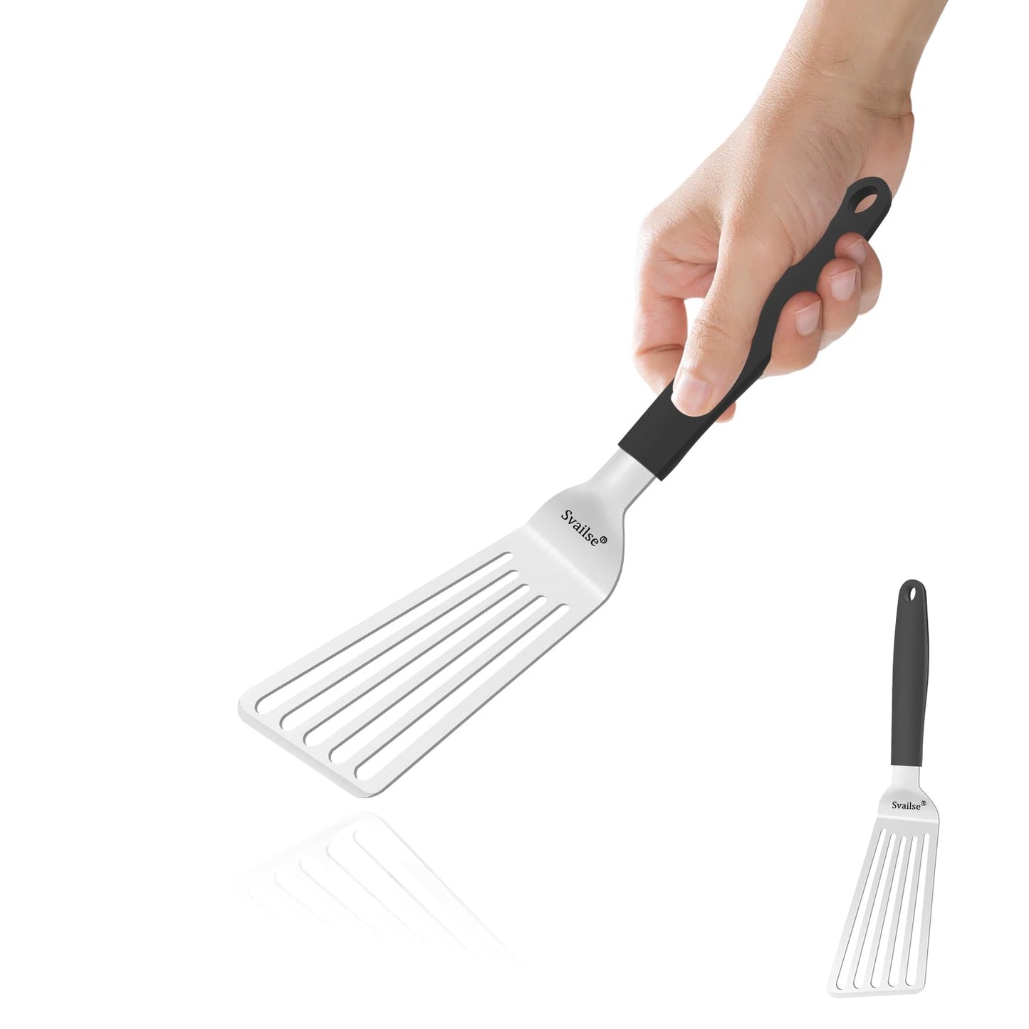 Svailse Stainless Steel Fish Spatula, 11.3 inch Metal Spatulas for Cast Iron Skillet, Kitchen Turner with Silicone Handle for Cooking, Grilling, Flipping, Egg, Cookie, Pancake and Burger (Small)
