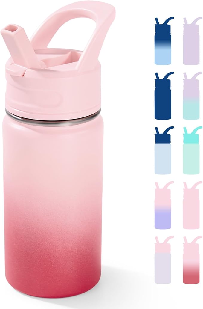 12oz Kids Water Bottle for School, Toddler Bottles with Straws, Stainless Steel Vacuum Insulated Water Bottle for Boys&Girls, Leak-Proof, BPA-Free, Cherry