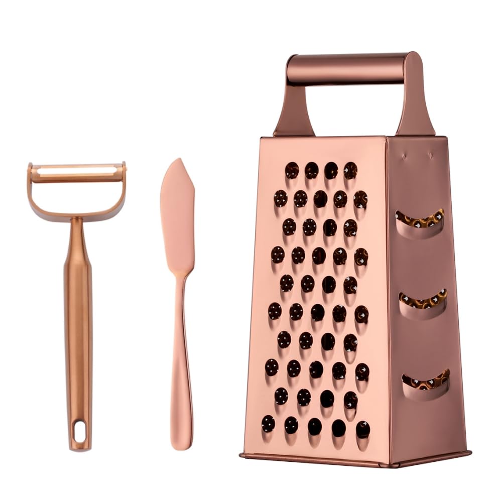 TEAHAHA 4 Sides Box Grater For Kitchen,Stainless Steel Cheese Grater With Handle,Multi-Function Vegetable Slicer Food Shredder For Chees,Ginger,Vegetables,Dishwasher Safe, Gold
