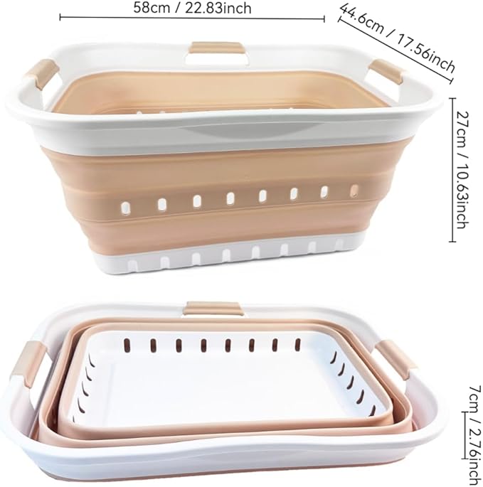SAMMART 42L (11 gallon) Collapsible Plastic Laundry Basket - Foldable Pop Up Storage Container/Organizer - Space Saving Hamper/Basket (White/Beige)