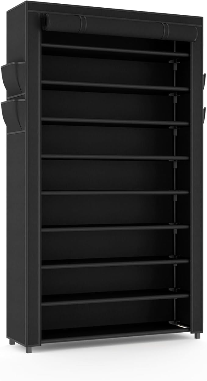 Shoe Rack with Cover Narrow Shoe Organizer with Pockets 10 Tier Tall Shoe Storage Holds 36-41 Pairs Shoes and Boots Shoe Rack for Closet Entryway Garage, Black