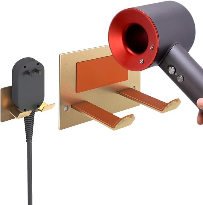 Adhesive Hair Dryer Holder - Stick on Wall or Wall Mount Bathroom Hair Blow Dryer Rack Organizer Compatible with Supersonic Hair Dryers (Gold)