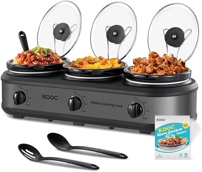 KOOC Double Small Slow Cooker, Buffet Server and Warmer, 2 Mini Pots with 3 Individual Adjustable Temp, Dual Ceramic Pots, Free Liners for Easy Clean-up, Stainless Steel, Total 2.5 Quart, Grey, Round