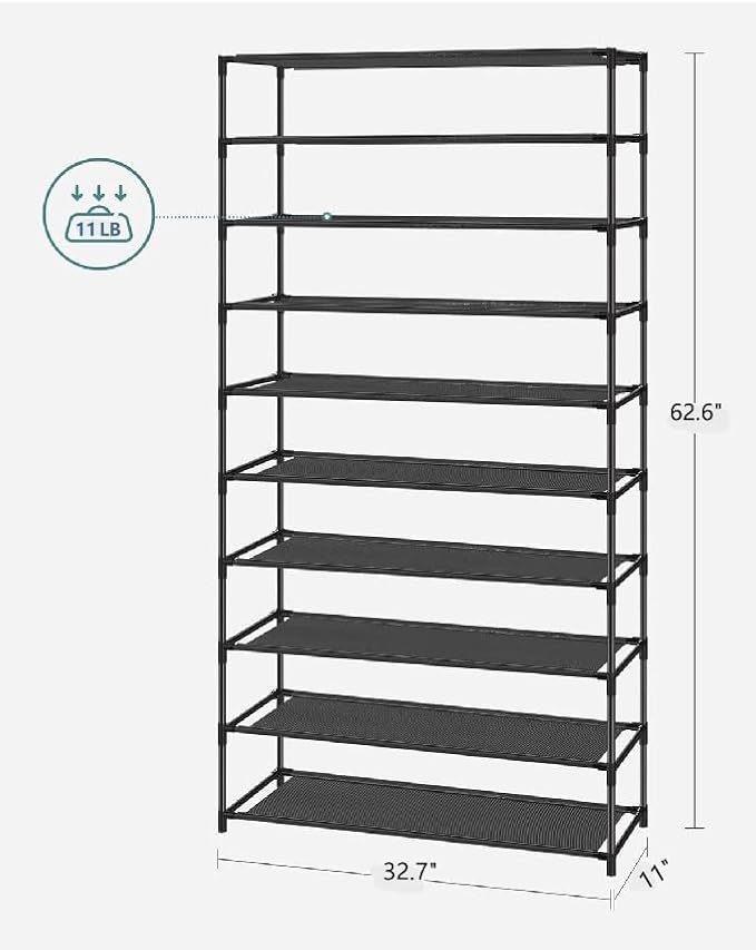 SONGMICS Shoe Rack, 10-Tier Shoe Storage Organizer, Space-Saving, 11 x 32.7 x 62.6 Inches, Entryway, Metal Frame, Non-Woven Fabric Shelves, Ink Black ULSR210B02