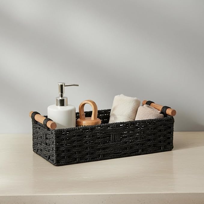 Back of Toilet Basket, Black Toilet Tank Basket for Toilet Paper Storage (Holds 2 Rolls), Paper Rope Wicker Storage Bin with Wooden Handles for Toilet Top, Over Toilet Shelf, Bathroom Counter