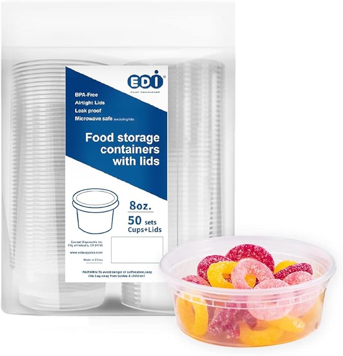 EDI D16050 16 oz Plastic Deli Food Storage Containers with Airtight Lids, Microwave/Freezer/Dishwasher Safe, BPA Free, Heavy-Duty, Leakproof, Recyclable, 50 Sets