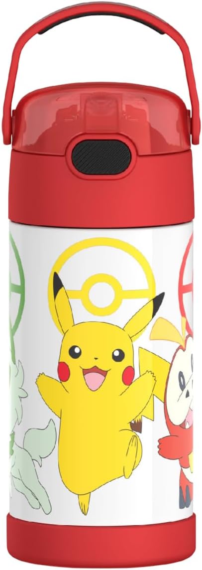THERMOS FUNTAINER Water Bottle with Straw - 12 Ounce - Kids Stainless Steel Vacuum Insulated Water Bottle with Lid,Pokémon,(Pack of 6)
