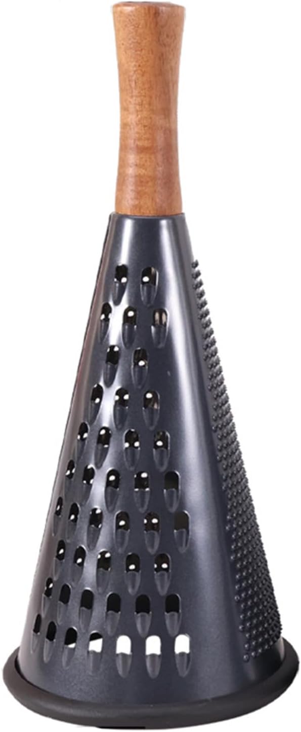 Cone Cheese Grater with Handle Stainless Steel Grater Triple Function Wood Handle Shredder Non-Slip Rubber Bottom Hand Held Multifunction Vegetables Grater Black 4-Size (Size M: 9.4" X 4.3" Black)