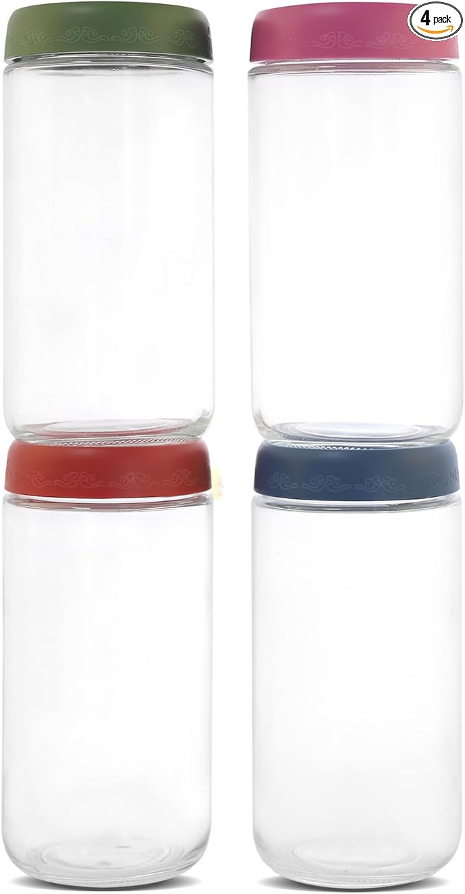 24 OZ Overnight Oats Jars with Lids 4 Pack, Glass Meal Prep Containers, Reusable Food Storage Jars, Airtight Mason Jars for Breakfast, Yogurt Parfait, Salad, Smoothies(4-1)