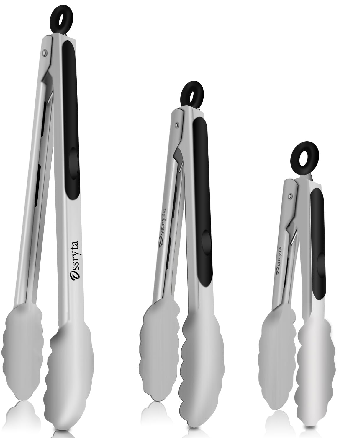 Ossryta Stainless Steel Cooking Tongs Set of 3 - Heavy Duty 12/9/7 Inch Locking Tongs, Heat Resistant to 600 Degrees, Food Grade Kitchen Metal Tong for Food, Salad, & BBQ - Dishwasher Safe