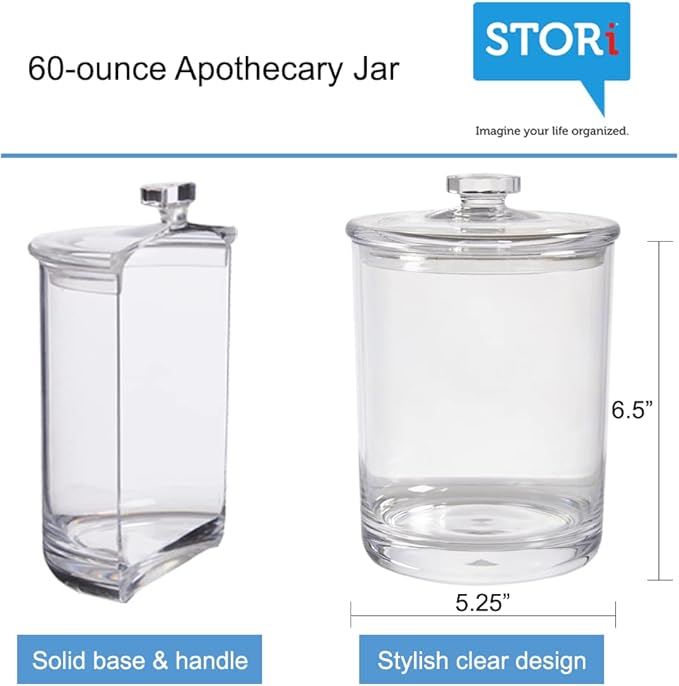 STORi Premium Quality Clear Plastic Makeup and Cotton Ball Holder | 60-oz Apothecary Jar with Lid | Perfect Storage Container to Organize Bathroom and Vanity