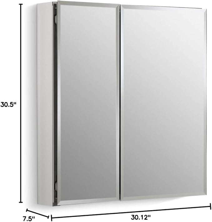 Kohler CB-CLC2526FS Bathroom Medicine Cabinet with Mirror, Beveled Mirror Doors, Adjustable Shelves, Rectangular Beveled Edge, 25 in. W x 26 in. H