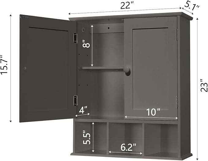 TaoHFE Grey Bathroom Cabinet,Bathroom Wall Cabinet with 2 Door Adjustable Shelves,Over The Toilet Storage Cabinet,Bathroom Cabinet Wall Mounted,Medicine Cabinets for Laundry Room Kitchen