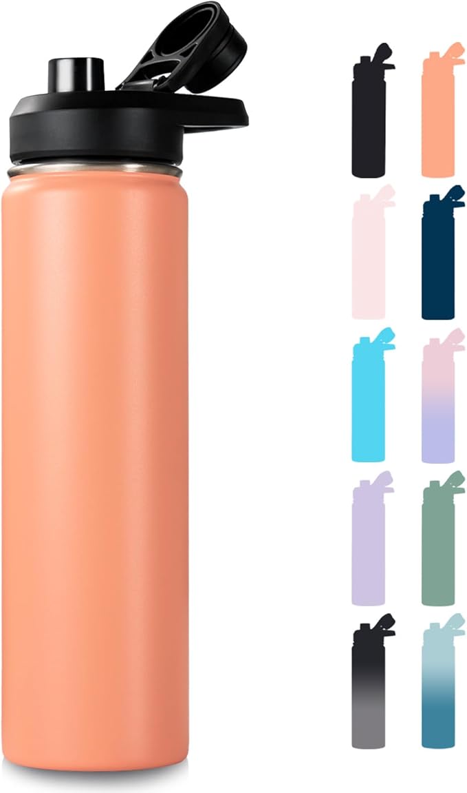 24 oz Insulated Water Bottle with Handle, 305 Stainless Steel Water Bottles with Wide Mouth, Double Wall Vacuum Sports Water Bottle, BPA Free, Keep Cold and Hot, Coral