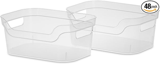 Sterilite 5.25x9.5x13 In Medium Polished Open Scoop Front Storage Bin w/Comfortable Carry Through Handles for Household Organization, Clear (24 Pack)