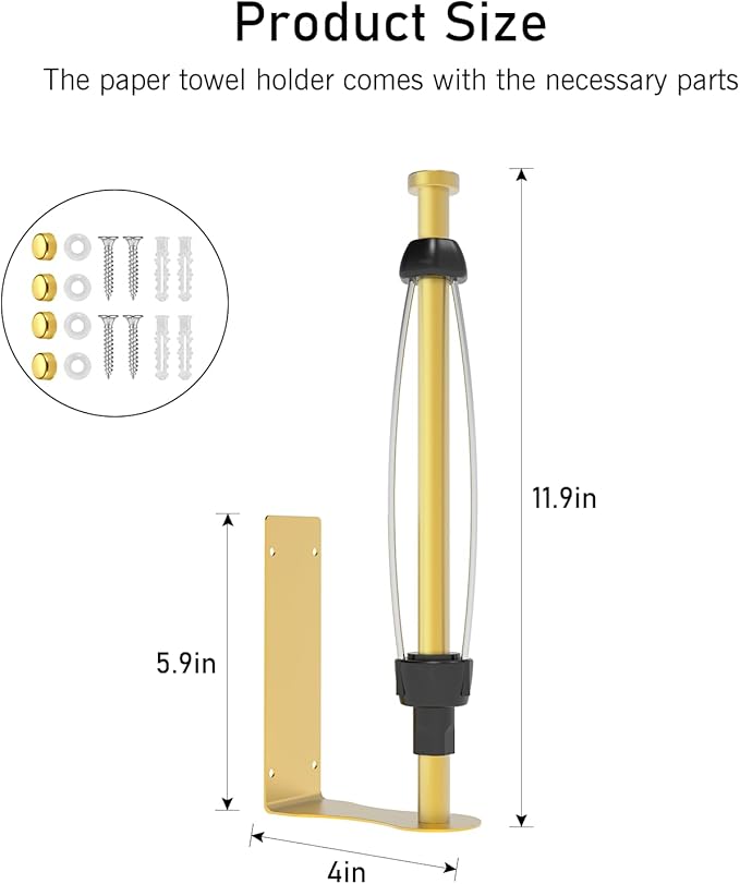 SetSail Paper Towel Holder, Single Hand Operable Paper Towel Holder Under Cabinet with Adjustable Damper Easy Tear Wall Mount Self-Adhesive or Drilled for Kitchen Bathroom, Gold