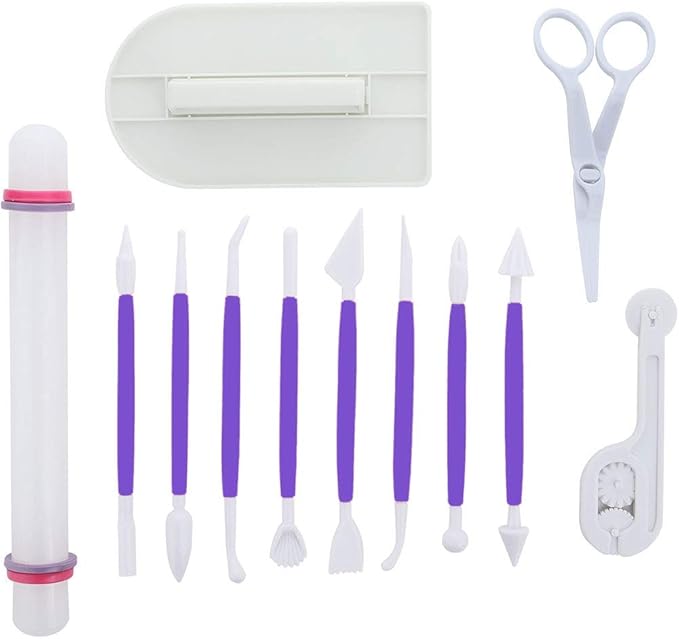 ScivoKaval Marshmallow Fondant Cake Decorating Hand Tool 12 Pcs 5 Sets Sugarcraft Gumpaste Icing Smoother Rolling Pin Trimmer Cutter Embosser Flower Scissor Modelling Accessories Supplies Kit Red