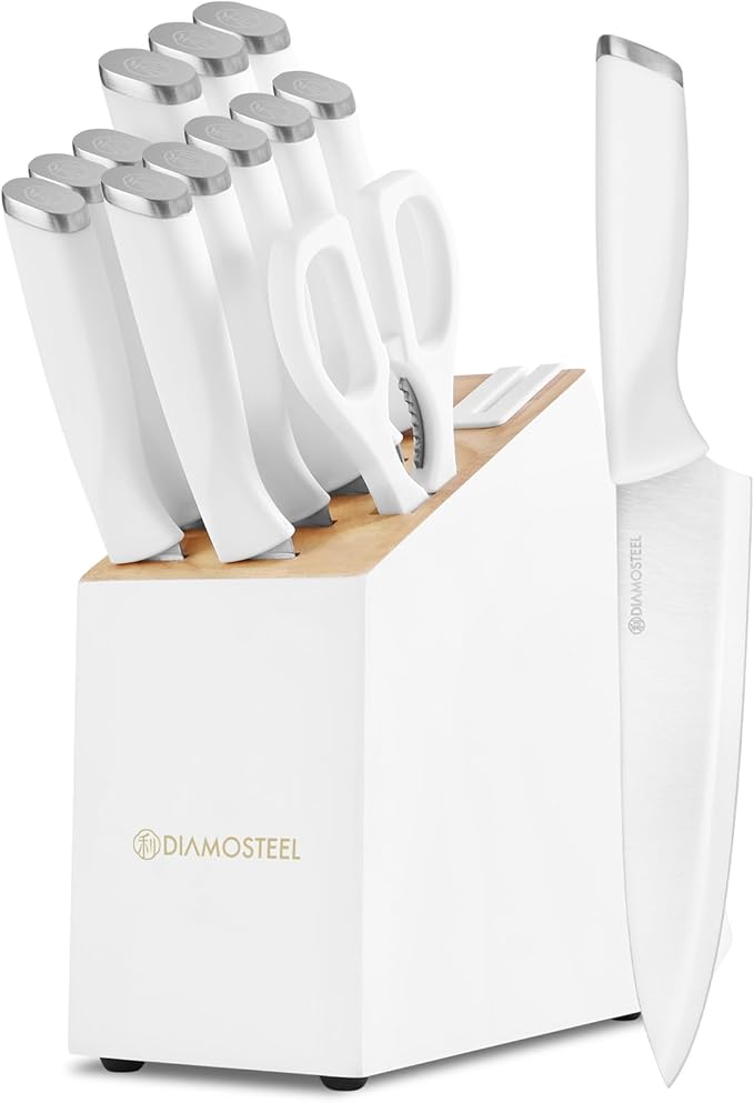 Black Knife Set, 13-Piece Knife Block Set with Built-in Sharpener