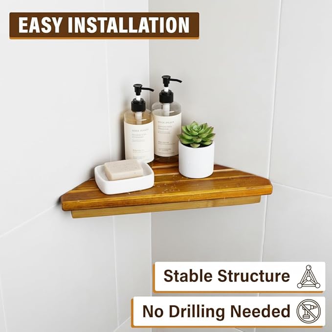 Wooden Corner Shower Shelf Triangular Corner Shelf Wooden Bathroom Shelf for Tiled Wall, 2 Pack Shower Corner Shelf, No Drilling Requied