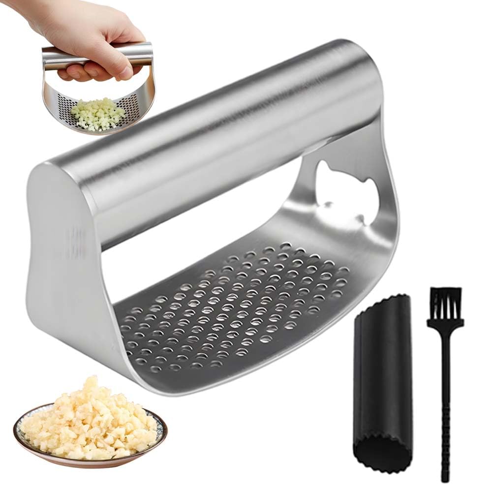 Stainless Steel Garlic Press, 2026 Upgrade Garlic Press Rocker Heavy Duty Stainless Steel Garlic Mincer, Heavy Garlic Chopper with Peeler And Cleaning Brush (2PCS With Corkscrew)