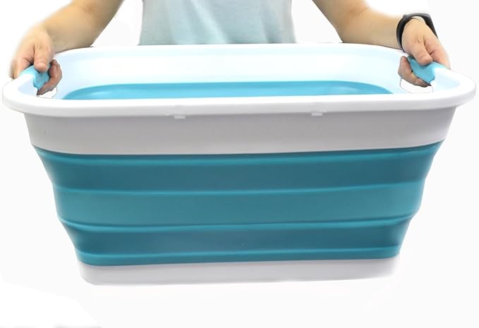 SAMMART 41L (10.8 gallon) Collapsible Plastic Laundry Basket-Foldable Pop Up Storage Container/Organizer-Portable Washing Tub-Space Saving, Water capacity: 32L (8.4 gallon) (Rectangular, Bright Blue)
