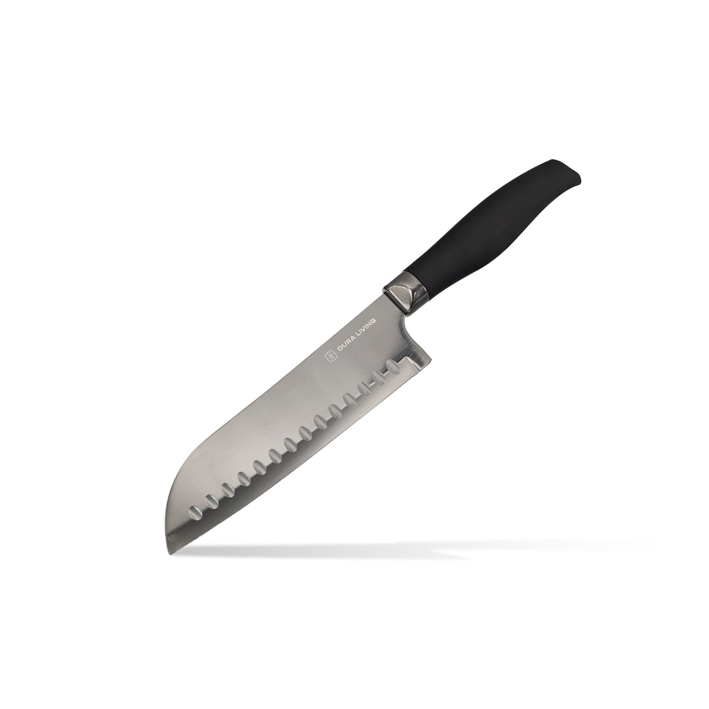 DURA LIVING Santoku Knife - 7 Inch Black Nonstick Titanium Plated Stainless Steel Ultra Sharp Blade, With Ergonomic Comfort Grip Handle Asian Chef's Knife, With Matching Sheath