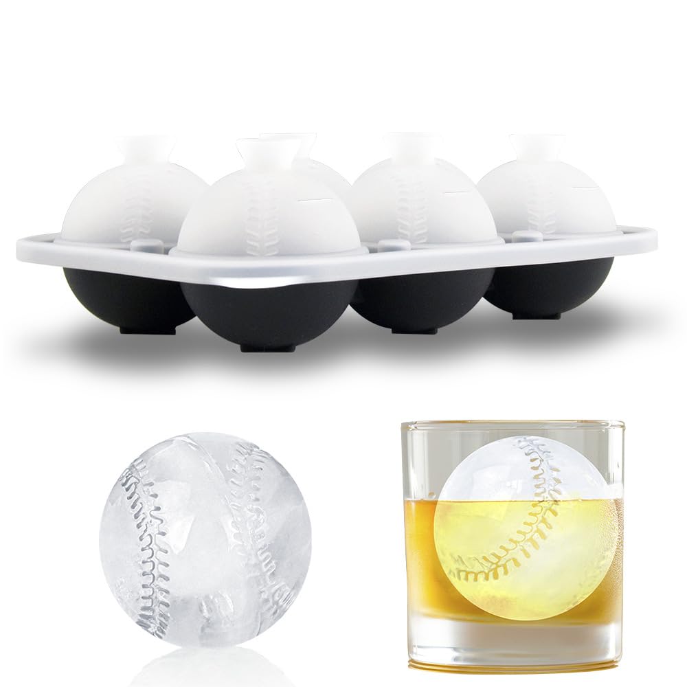 6 Chamber 2.2" 3D Baseball Gifts Ice Cube Tray With Funnel,Large Round Ice Ball Maker Mold Silicone Fun Shapes Bourbon Sphere Ice Molds,For Chilling Whiskey,Cocktails,Bourbon,Brandy and Beverages