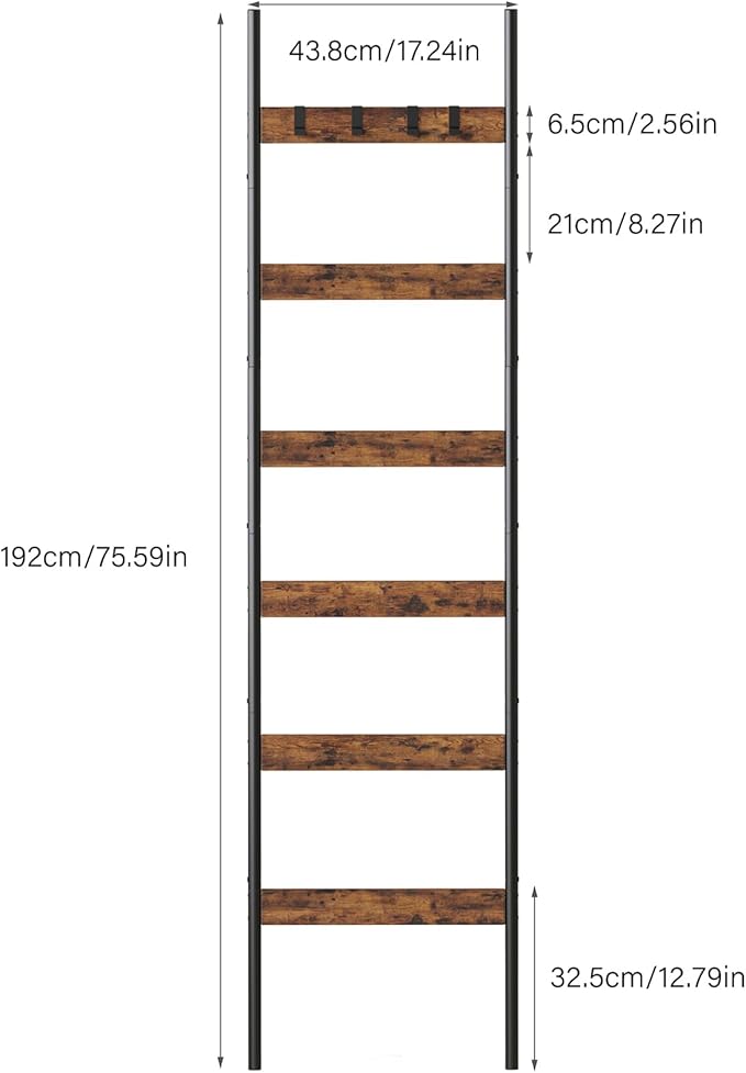 Blanket Ladder, 6-Tier Towel Holder with 4 Removable Hooks, Farmhouse Wall Leaning Decorative Rack Shelf, Wooden Towel Display Rack, Quilt Ladder for Living Room, Bedroom, Rustic Brown