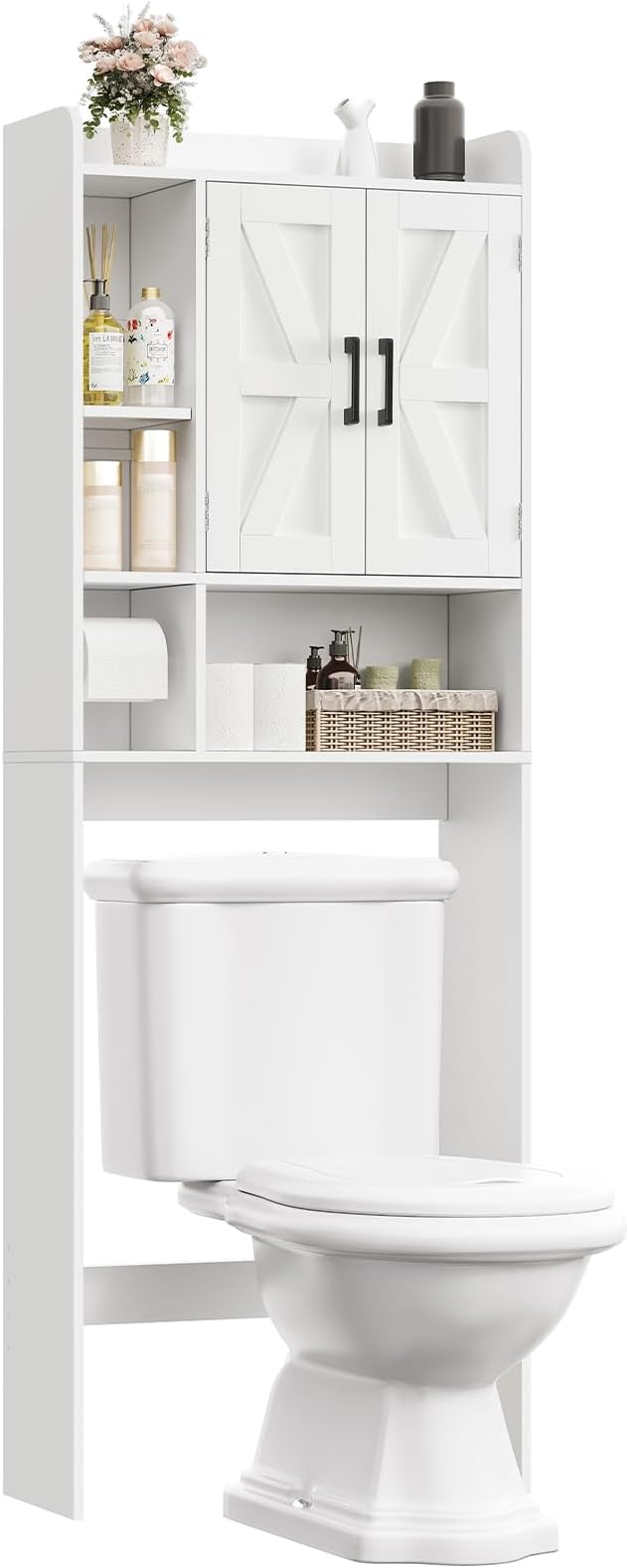 TEENFON Over The Toilet Storage Cabinet with 4 Open Shelves and Adjustable Shelf, Extra Tall Bathroom Organizer Unit with 2 Barn Doors, Home Space Saver for Bathroom, Laundry Room, White