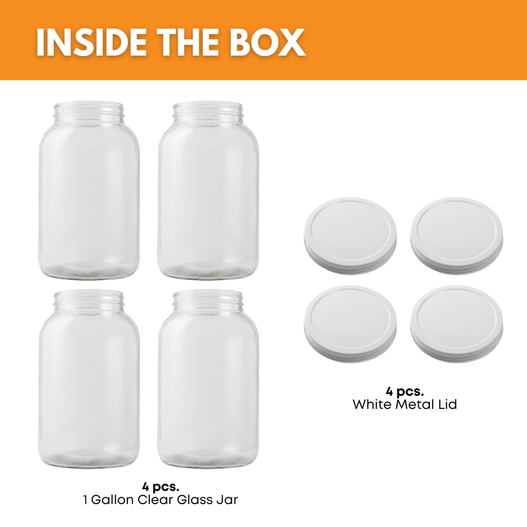 4-Pack 1 Gallon Glass Jar with Lid | Wide Mouth Set with White Metal Caps