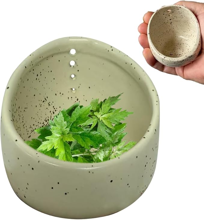 Pottery Herb Stripper Bowl, Upgrade Pottery Herb Stripper Cup Ceramic Herb Peeling Cup, Handmade Different Round Hole Sizes Suitable for Peeling Off The Leafy Assembly (A)