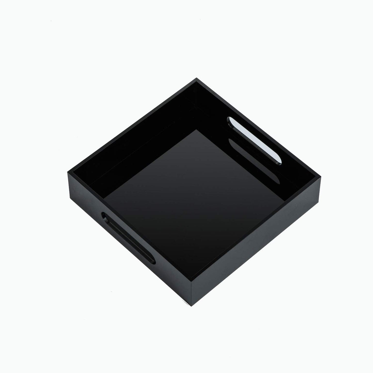 KEVLANG Glossy Black Sturdy Acrylic Serving Tray with Handles-10x10Inch-Serving Coffee,Food,Breakfast,Butler-Kitchen Countertop Tray-Makeup Drawer Organizer-Vanity Table,Ottoman Tray-Decorative Tray