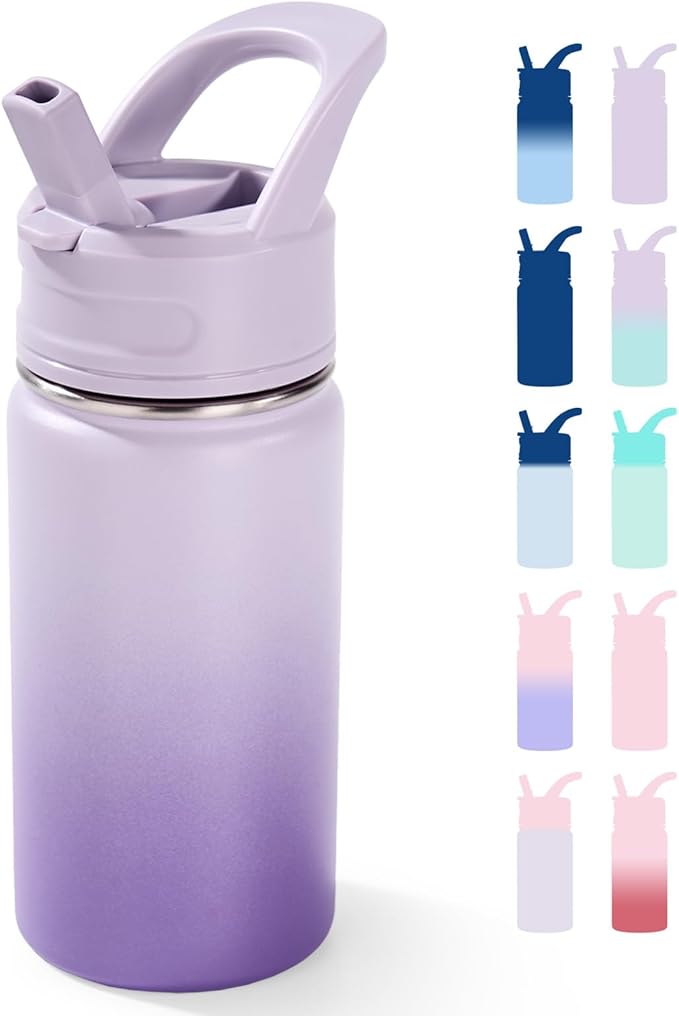 12oz Kids Water Bottle for School, Toddler Bottles with Straws, Stainless Steel Vacuum Insulated Water Bottle for Boys&Girls, Leak-Proof, BPA-Free, Lavender