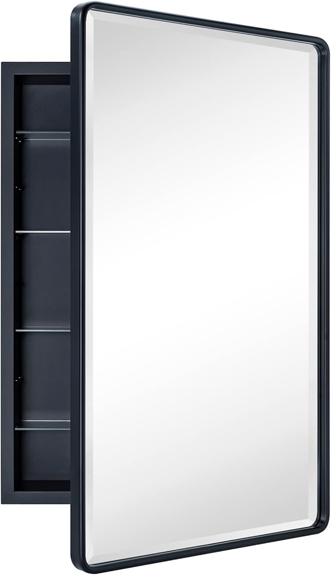 TEHOME Farmhouse Matt Black Recessed Bathroom Medicine Cabinet with Mirror Rounded Rectangle Metal Framed Medicine Cabinet with Beveled Mirror 20x30''