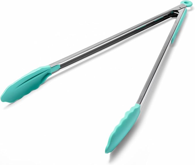 Doosu Kitchen Tongs with Silicone Tips for Cooking Serving (16in, Aqua Sky)