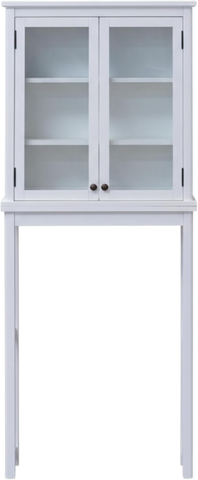 Alaterre Furniture Dorset Over-The-Toilet Storage Cabinet with Tempered Glass Doors – White Wood Bathroom Space Saver Organizer with Adjustable Shelves, Hutch & Wall Mount Hardware