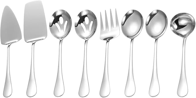 Gold Serving Utensils,8 Pcs Stainless Steel Serving Set with Serving Spoons,Serving Fork,Soup Ladle,Lasagna Server,Pie Server,Polished Serving Utensil Set for Buffet Parties Home,Dishwasher Safe