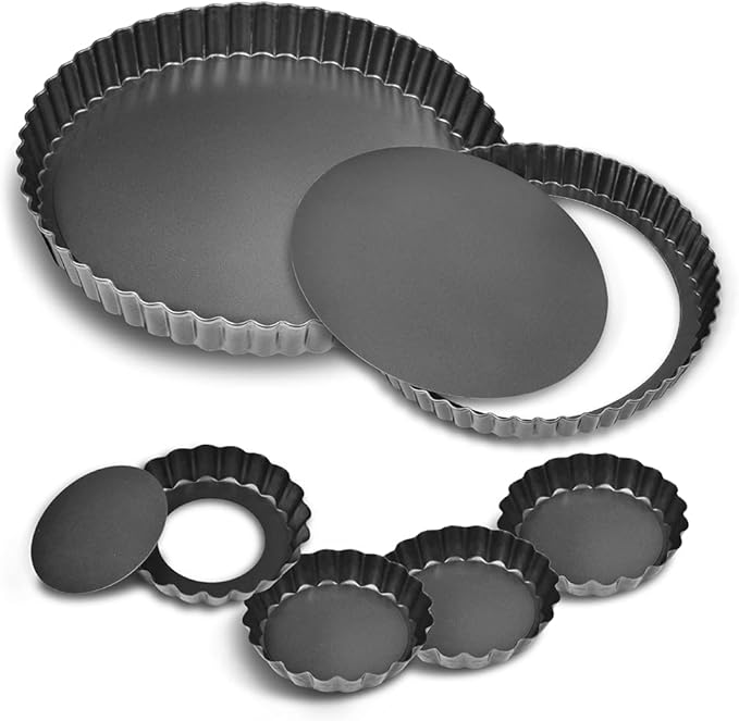 TORASO 9 Inch and 4 Inch Tart Pan with Removable Bottom, 2 PCS 9 Inch Quiche Pan and 4 PCS 4 Inch Pie Pan, Non-Stick Baking Pan (Set of 6)