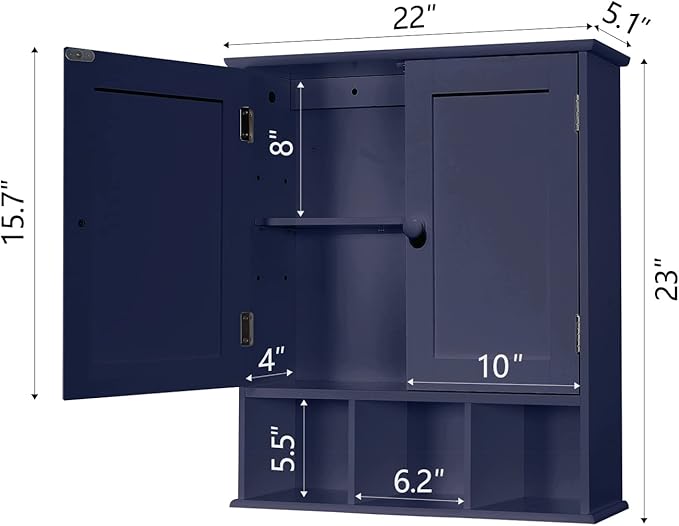 TaoHFE Blue Bathroom Over The Toilet Storage Cabinet,Wall Medicine Cabinet Organizer with 2 Door Adjustable Shelves,Wooden Modern Bathroom Shelves Wall Mounted Laundry Room