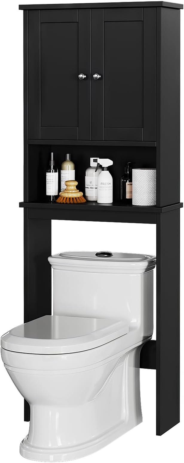 Meilocar Over The Toilet Storage Cabinet for Bathroom, Black Bathroom Storage Over Toilet, Space Saver W/Adjustable Shelf and Open Shelf, Black