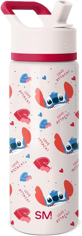 Simple Modern Kids Summit Valentine's Day Water Bottle with Straw Lid | Disney Stitch 18oz Stainless Steel Cup Insulated Tumbler for Girls, Boys, School | Stitch Love Attack