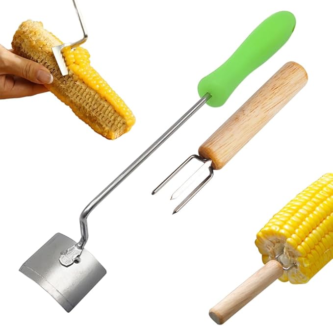Easy Clean Corn Cob Peeler, 2025 New Corn On The Cob Stripper Tool with Long Handle, Stainless Steel Corn Cutter for Corn Cob With Corn Holder (Green-3 pcs)