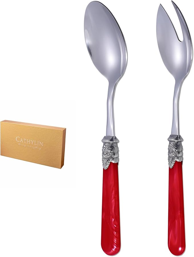 CATHYLIN 2-piece Salad Servers Stainless Steel Salad Serving Set Salad Fork and Spoon (White)