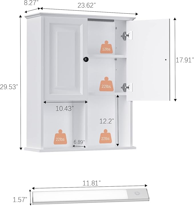 HAIOOU Bathroom Wall Cabinet with Motion Sensor LED Light, Wooden Medicine Cabinet Wall Mounted Cupboard, Over Toilet Storage Cabinet with Buffering Hinges and Adjustable Shelf - Modern White