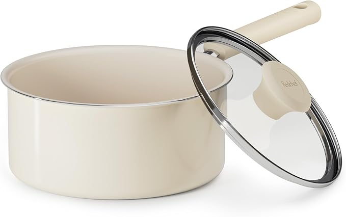 Redchef Ceramic Nonstick Saucepan with Lid, 2.5QT Small Cooking Pot, Non Toxic Sauce Pans for Kitchen, Cool Handle PFAS Free Compatible with All Cooktops, White