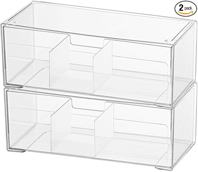 MORNITE Medicine Cabinet Drawer Organizer Set, 2-Tier Stackable Storage Drawers for Small Bathroom Mirror Toilet Wall Garage Vanity Cabinet - Clear