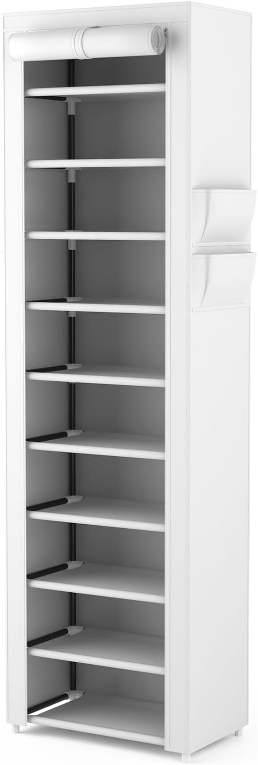 VTRIN Vertical Narrow Shoe Rack Organizer Tall Shoe Rack for Closet Entryway 10 Tier Non-Woven Cover Shoe Shelf Holds 20-22 Pairs Free Standing Shoe Storage Cabinet with Dustproof Cover, White
