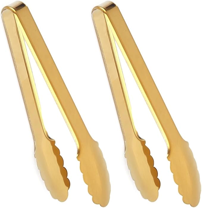 IAXSEE 2 Pack Gold Serving Tongs Gold Serving Utensils Salad Tongs Buffet Tongs Non-slip & Easy Grip Stainless Steel Gold Plated Buffet Serving Tongs, Salad, Ice, Oven (9.5 Inch) (Gold)
