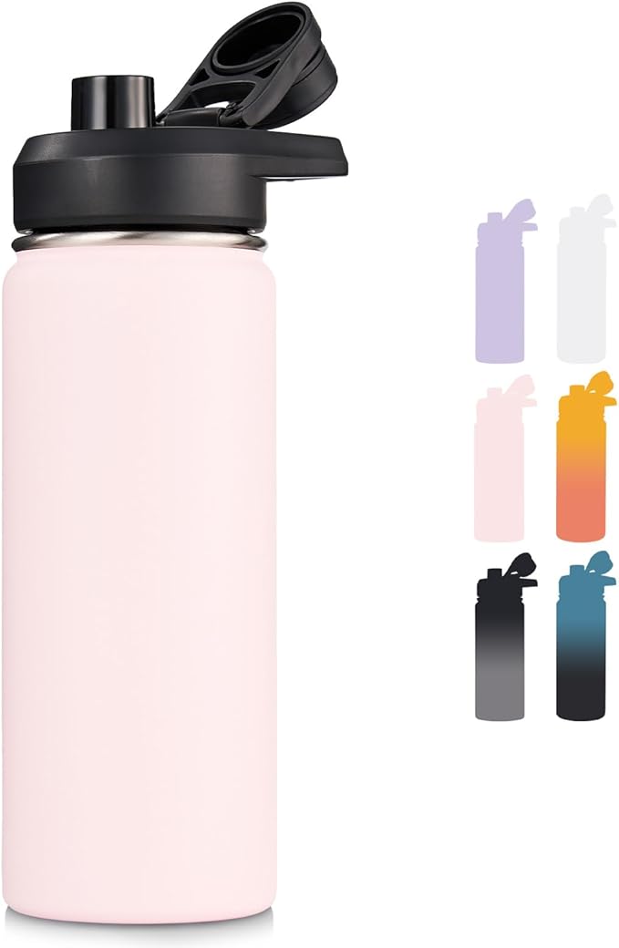 18 oz Insulated Water Bottle with Handle, 304 Stainless Steel Water Bottles with Wide Mouth, Double Wall Vacuum Sports Water Bottle, BPA Free, Keep Cold and Hot, Pink
